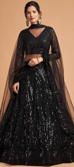 Mehendi Sangeet, Wedding Black and Grey color Lehenga in Net fabric with A Line Aari work : 1780585