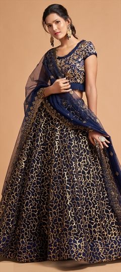 Bridal, Wedding Blue color Lehenga in Net fabric with A Line Aari work : 1780588