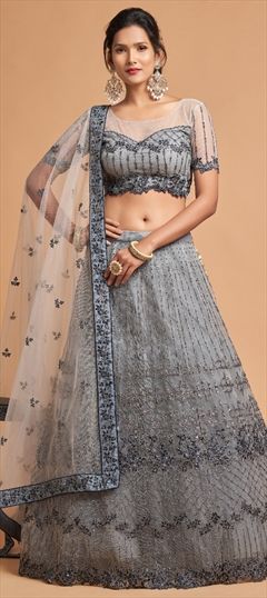 Mehendi Sangeet, Wedding Black and Grey color Lehenga in Net fabric with A Line Aari work : 1780589