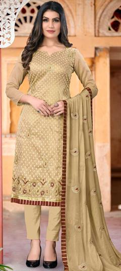 Festive, Party Wear Beige and Brown color Salwar Kameez in Chanderi Silk fabric with Straight Embroidered, Thread work : 1780659