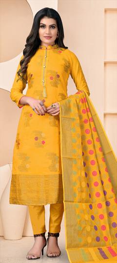 Casual Yellow color Salwar Kameez in Banarasi Silk fabric with Straight Weaving work : 1780692