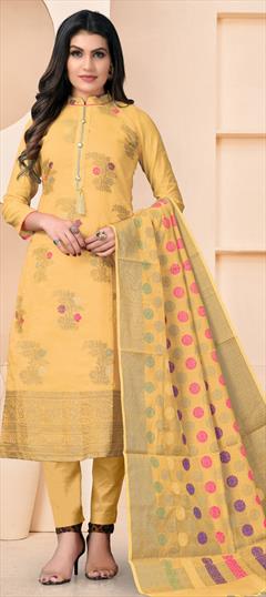 Casual Beige and Brown color Salwar Kameez in Banarasi Silk fabric with Straight Weaving work : 1780694