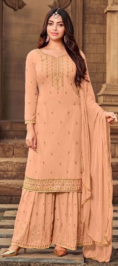 Festive, Party Wear Pink and Majenta color Salwar Kameez in Faux Georgette fabric with Palazzo Embroidered, Resham, Stone, Thread work : 1780705
