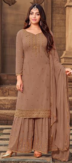 Festive, Party Wear Beige and Brown color Salwar Kameez in Faux Georgette fabric with Palazzo Embroidered, Resham, Stone, Thread work : 1780709