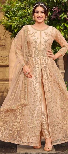 Festive, Party Wear Beige and Brown color Salwar Kameez in Net fabric with Slits Embroidered, Sequence, Thread work : 1780736