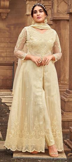 Festive, Party Wear Beige and Brown color Salwar Kameez in Net fabric with Slits Embroidered, Stone, Thread work : 1780740