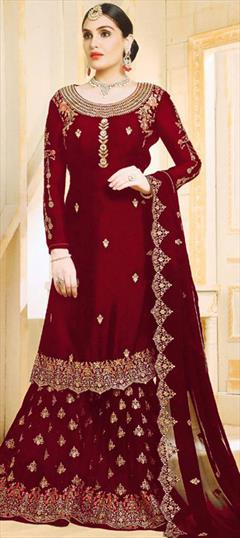 Festive, Party Wear Red and Maroon color Salwar Kameez in Georgette fabric with Pakistani, Palazzo Embroidered, Stone, Thread, Zari work : 1780761