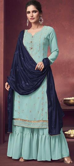 Festive, Party Wear Blue color Salwar Kameez in Faux Georgette fabric with Palazzo Embroidered, Resham, Thread work : 1780785