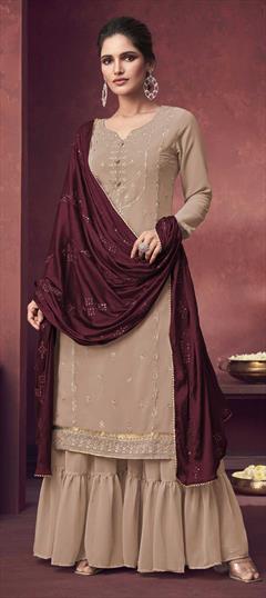 Festive, Party Wear Beige and Brown color Salwar Kameez in Faux Georgette fabric with Palazzo Embroidered, Resham, Thread work : 1780786