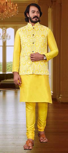 Yellow color Kurta Pyjama with Jacket in Art Silk fabric with Embroidered, Mirror, Resham, Thread work : 1780867