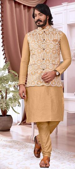 Beige and Brown color Kurta Pyjama with Jacket in Art Silk fabric with Embroidered, Mirror, Resham, Thread work : 1780868