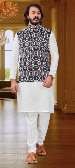 White and Off White color Kurta Pyjama with Jacket in Art Silk fabric with Embroidered, Mirror, Resham, Thread work : 1780869