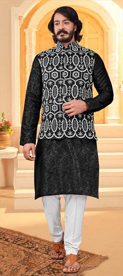 Black and Grey color Kurta Pyjama with Jacket in Art Silk fabric with Embroidered, Mirror, Resham, Thread work : 1780870
