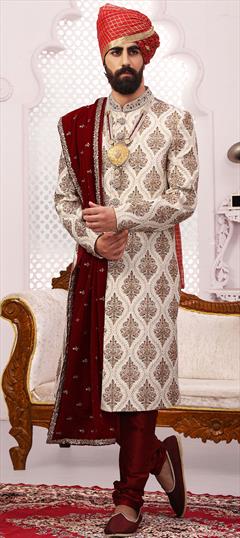 White and Off White color Sherwani in Banarasi Silk fabric with Embroidered, Thread, Zari work : 1780926