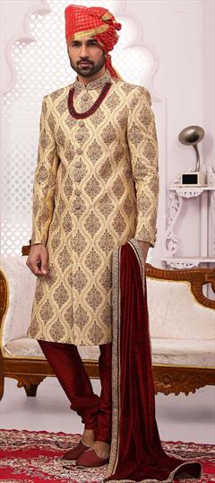 Beige and Brown color Sherwani in Banarasi Silk fabric with Embroidered, Thread, Zari work : 1780928