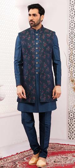 Blue color IndoWestern Dress in Jacquard fabric with Embroidered, Resham, Thread work : 1780994
