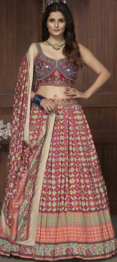 Mehendi Sangeet, Reception Multicolor color Ready to Wear Lehenga in Chiffon fabric with A Line Mirror work : 1781006