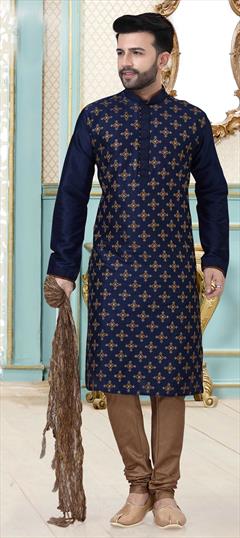 Blue color Kurta Pyjamas in Dupion Silk fabric with Embroidered, Thread work : 1781122