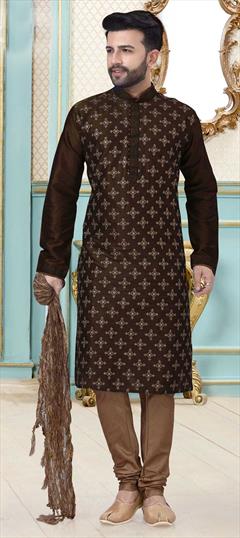 Beige and Brown color Kurta Pyjamas in Dupion Silk fabric with Embroidered, Thread work : 1781128