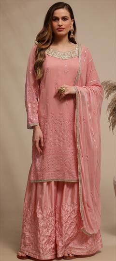 Festive, Party Wear Pink and Majenta color Salwar Kameez in Georgette fabric with Sharara Moti, Sequence, Thread work : 1781179
