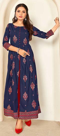 Casual Blue color Kurti in Rayon fabric with Long, Slits Printed work : 1781232