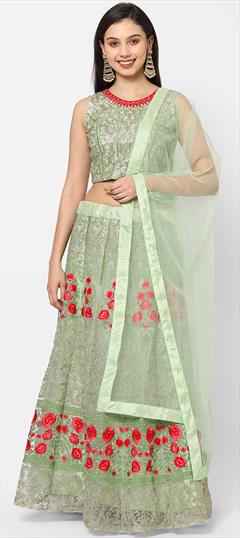Festive, Party Wear, Reception Green color Lehenga in Net fabric with A Line Embroidered, Thread work : 1781294