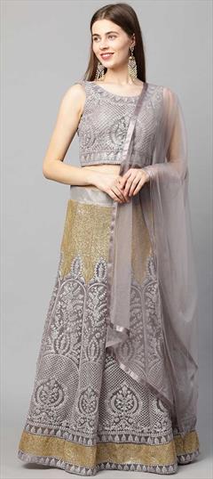 Festive, Reception Black and Grey color Lehenga in Net fabric with A Line Embroidered, Sequence, Thread work : 1781310