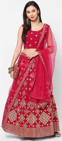 Festive, Reception Pink and Majenta color Lehenga in Net fabric with A Line Embroidered, Sequence, Thread work : 1781313
