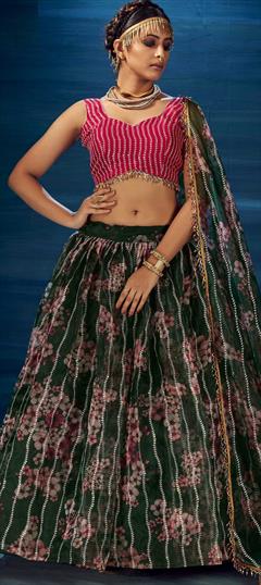 Festive, Party Wear Green color Lehenga in Organza Silk fabric with A Line Digital Print, Floral work : 1781317