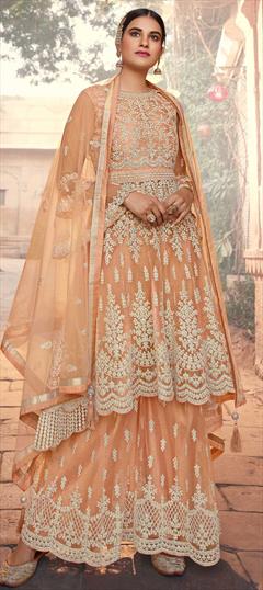 Festive, Party Wear Beige and Brown color Salwar Kameez in Net fabric with Palazzo Embroidered, Lace, Thread work : 1781362
