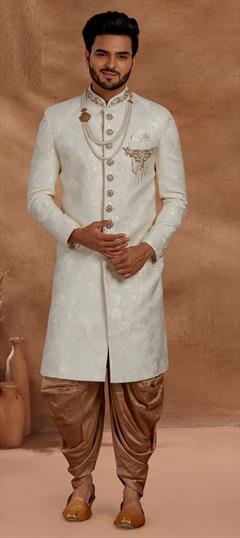 White and Off White color Dhoti Sherwani in Jacquard fabric with Moti, Patch, Stone, Zardozi work : 1781766