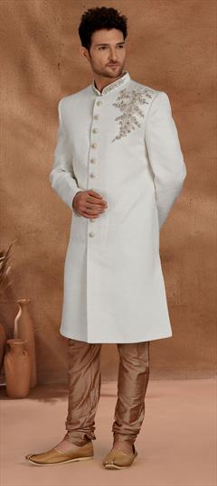 White and Off White color Sherwani in Silk cotton fabric with Embroidered, Sequence, Thread, Zardozi work : 1781773