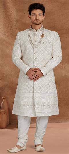 Beige and Brown color Sherwani in Art Silk fabric with Embroidered, Sequence, Thread work : 1781775