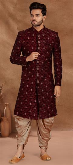 Red and Maroon color Dhoti Sherwani in Velvet fabric with Embroidered, Resham, Thread work : 1781780
