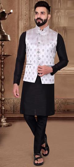 Black and Grey color Kurta Pyjama with Jacket in Silk fabric with Weaving work : 1781800