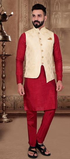 Red and Maroon color Kurta Pyjama with Jacket in Silk fabric with Weaving work : 1781804