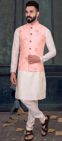 Beige and Brown color Kurta Pyjama with Jacket in Silk fabric with Weaving work : 1781806