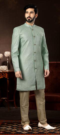 Green color Sherwani in Jacquard fabric with Embroidered, Resham, Sequence, Thread work : 1782081