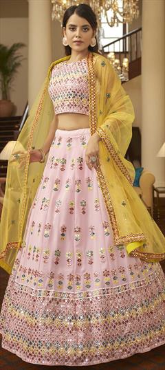 Festive, Wedding Pink and Majenta color Lehenga in Georgette fabric with A Line Embroidered, Gota Patti, Thread work : 1782090