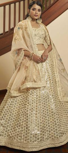 Bridal, Wedding Beige and Brown color Lehenga in Art Silk fabric with A Line Embroidered, Sequence, Thread work : 1782105