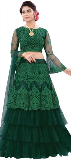 Engagement, Reception Green color Lehenga in Net fabric with Ruffle Embroidered, Thread work : 1782169