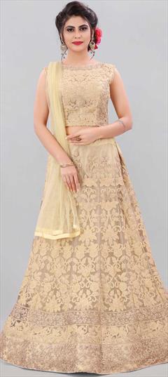 Engagement, Reception Beige and Brown color Lehenga in Net fabric with A Line Embroidered, Sequence, Thread work : 1782190