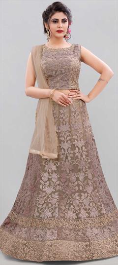 Engagement, Reception Beige and Brown color Lehenga in Net fabric with A Line Embroidered, Sequence, Thread work : 1782191