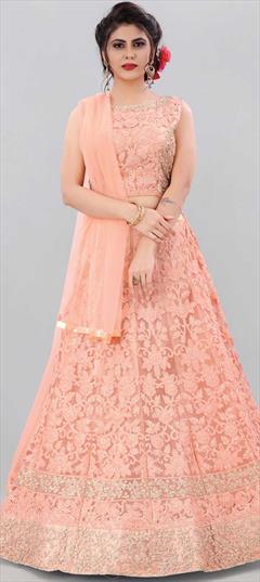 Engagement, Reception Pink and Majenta color Lehenga in Net fabric with A Line Embroidered, Sequence, Thread work : 1782192
