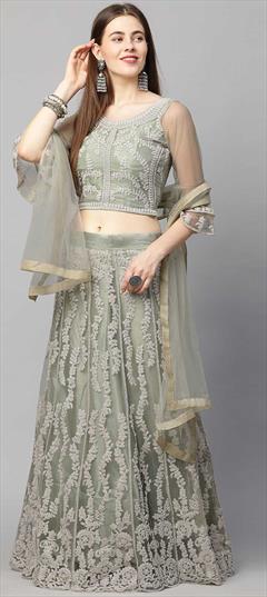 Engagement, Reception Green color Lehenga in Net fabric with A Line Embroidered, Sequence, Thread work : 1782194