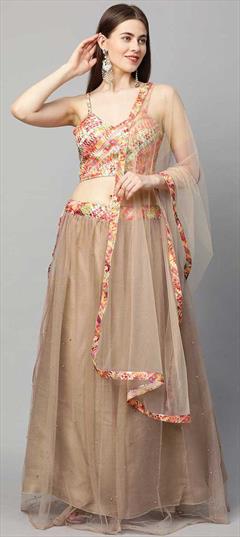 Engagement, Festive, Party Wear Beige and Brown color Lehenga in Net fabric with A Line Moti, Printed work : 1782208