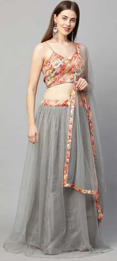 Engagement, Festive, Party Wear Black and Grey color Lehenga in Net fabric with A Line Moti, Printed work : 1782210