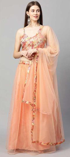 Engagement, Festive, Party Wear Pink and Majenta color Lehenga in Net fabric with A Line Moti, Printed work : 1782212