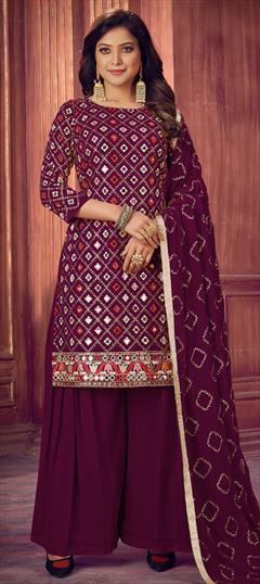 Engagement, Festive, Party Wear Purple and Violet color Salwar Kameez in Faux Georgette fabric with Sharara Mirror, Resham, Sequence, Thread, Zari work : 1782549