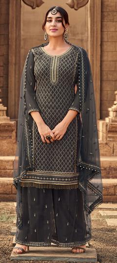 Festive, Party Wear Black and Grey color Salwar Kameez in Georgette fabric with Palazzo Embroidered, Thread work : 1782696